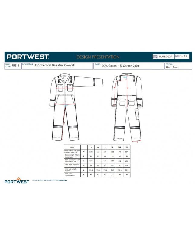 Combinezon antichimic de protectie Portwest FR513 FR CHEMICAL Resistant, 99% bumbac, 1% fibra de carbon, 280 gr/mp