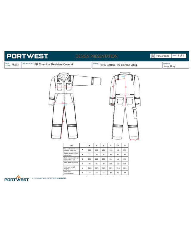 Combinezon antichimic de protectie Portwest FR513 FR CHEMICAL Resistant, 99% bumbac, 1% fibra de carbon, 280 gr/mp
