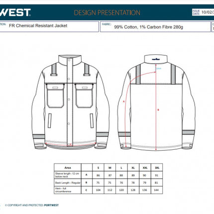 Jacheta de lucru Portwest FR609 Chemical Resistant, 9% bumbac, 1% fibra de carbon, 280gr/mp