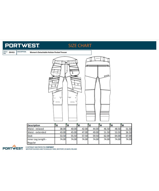 Pantaloni cu buzunare detasabile cu benzi reflectorizante dama Portwest DX452, 93% poliester, 7% elastan, 270 gr/mp