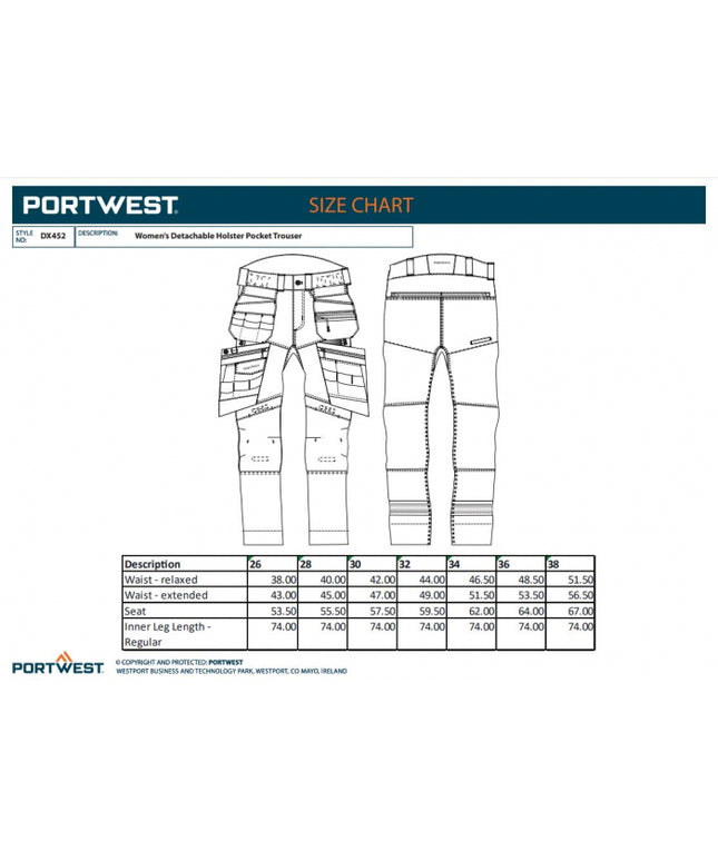 Pantaloni cu buzunare detasabile cu benzi reflectorizante dama Portwest DX452, 93% poliester, 7% elastan, 270 gr/mp