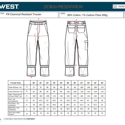 Pantaloni de lucru in talie Portwest FR417 Chemical Resistant, 99% bumbac, 1% fibra de carbon, 280 gr/mp