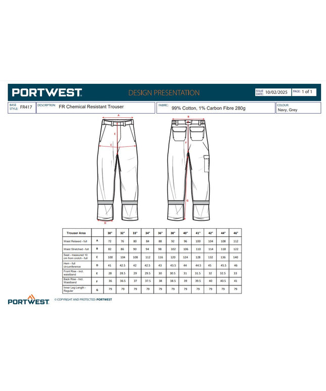 Pantaloni de lucru in talie Portwest FR417 Chemical Resistant, 99% bumbac, 1% fibra de carbon, 280 gr/mp