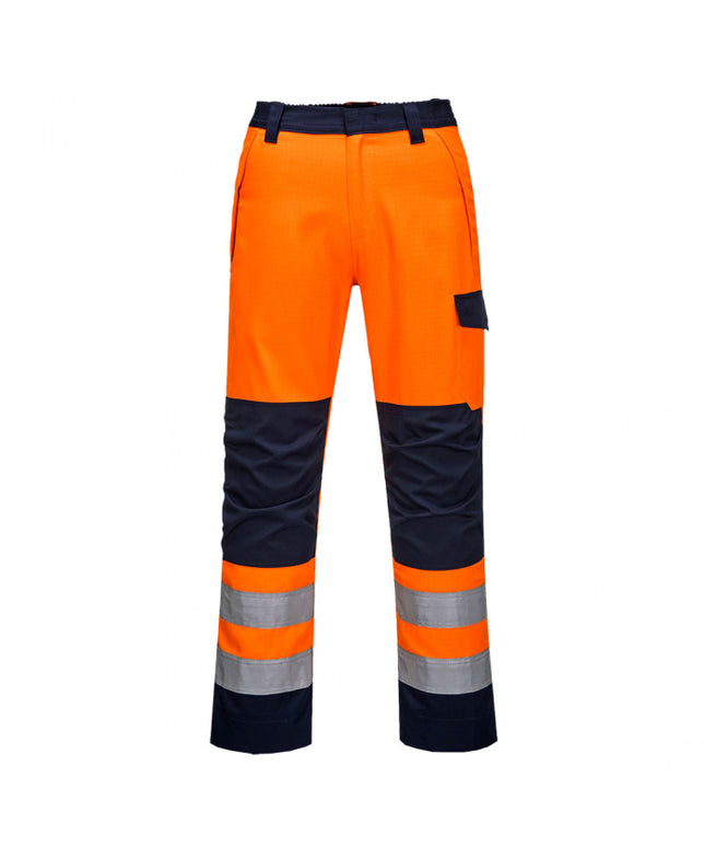 Pantaloni ignifugi reflectorizanti Portwest MV36 MODAFLAME RIS, 61% modacrilic, 18% viscoza, 15% poliester, 5% aramid, 1% fibra carbon, 300 gr/mp