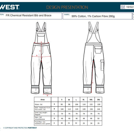 Pantaloni salopeta cu pieptar Portwest FR418 Chemical Resistant, 99% bumbac, 1% fibra de carbon, 280 gr/mp