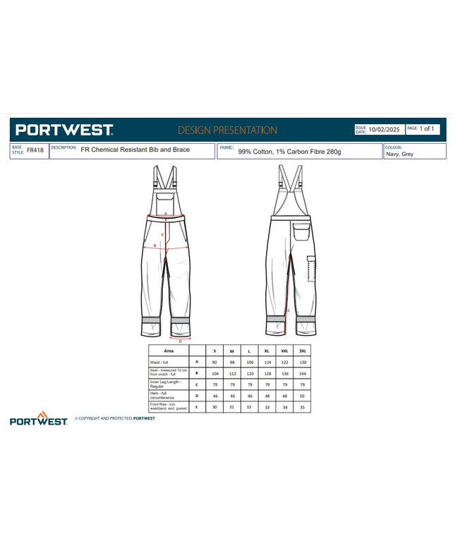Pantaloni salopeta cu pieptar Portwest FR418 Chemical Resistant, 99% bumbac, 1% fibra de carbon, 280 gr/mp