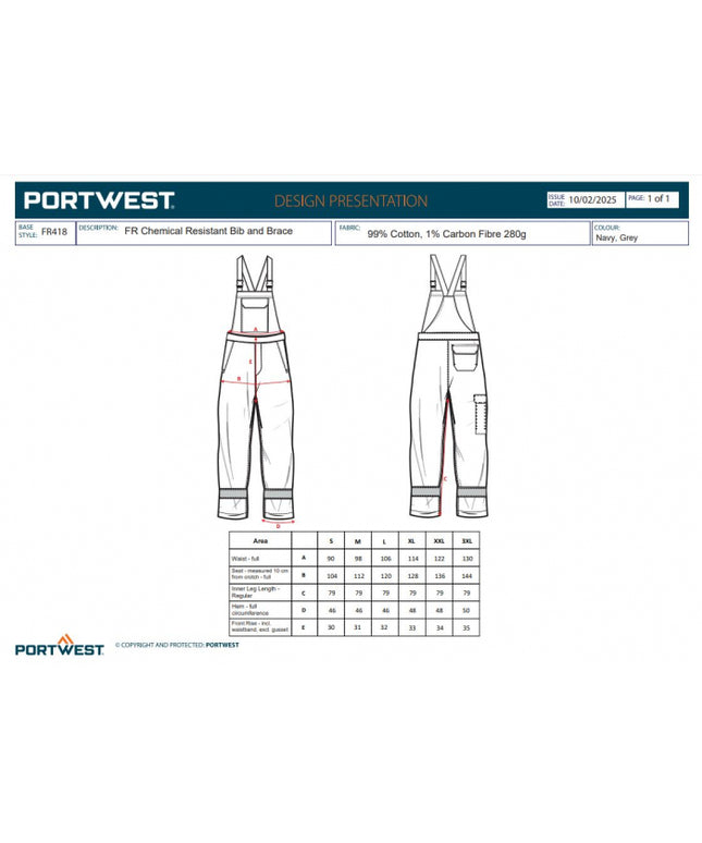 Pantaloni salopeta cu pieptar Portwest FR418 Chemical Resistant, 99% bumbac, 1% fibra de carbon, 280 gr/mp