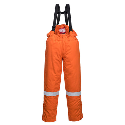 Pantaloni salopeta cu pieptar vatuiti de iarna ignifugi Portwest FR58, antistatici, reflectorizanti, 99% bumbac, 1% fibra de carbon, 350g