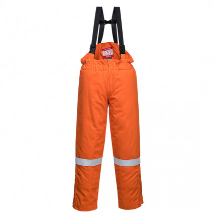 Pantaloni salopeta cu pieptar vatuiti de iarna ignifugi Portwest FR58, antistatici, reflectorizanti, 99% bumbac, 1% fibra de carbon, 350g