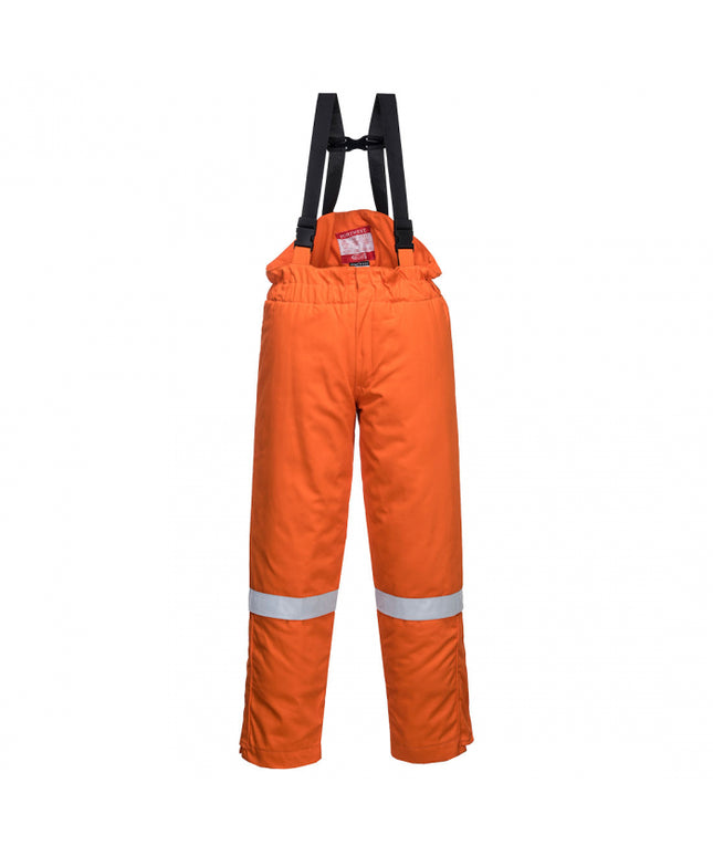 Pantaloni salopeta cu pieptar vatuiti de iarna ignifugi Portwest FR58, antistatici, reflectorizanti, 99% bumbac, 1% fibra de carbon, 350g