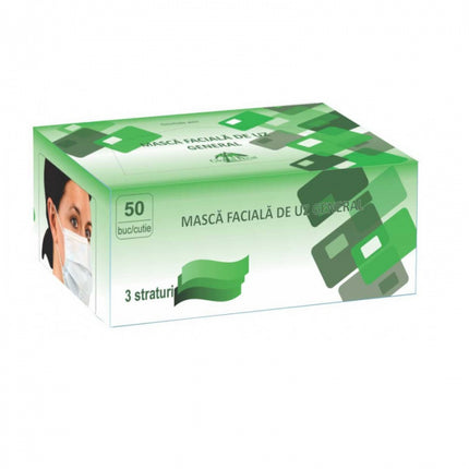 Set 50 bucati - semi masca faciala de uz general ROGLOBAL, 3 pliuri, 3 straturi