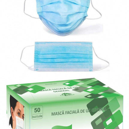 Set 50 bucati - semi masca faciala de uz general ROGLOBAL, 3 pliuri, 3 straturi