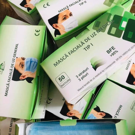 Set 50 bucati - semi masca faciala de uz general ROGLOBAL, 3 pliuri, 3 straturi