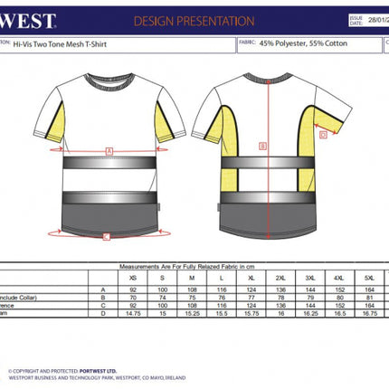 Tricou clasic reflectorizant Portwest C395, 55% bumbac, 45% poliester, 175 gr/mp