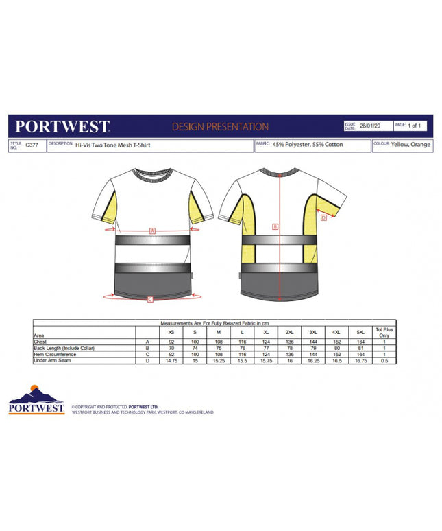 Tricou clasic reflectorizant Portwest C395, 55% bumbac, 45% poliester, 175 gr/mp