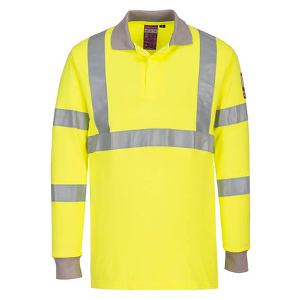 Tricou polo cu maneca lunga antistatic ignifug Portwest HIVIS FR77, 60% modacrilic, 39% bumbac, 1% fibra carbon, 210g
