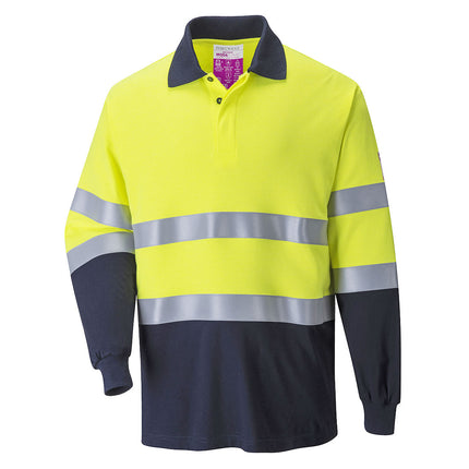Tricou polo cu maneca lunga reflectorizant ignifug Portwest FR74, antistatic, bicolor, 60% modacrilic, 39% bumbac, 1% fibra carbon, 210g