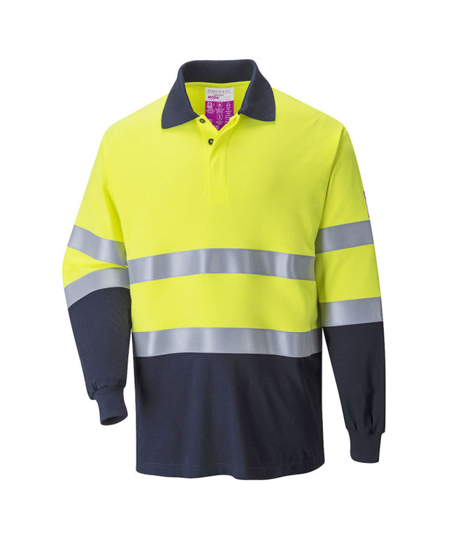 Tricou polo cu maneca lunga reflectorizant ignifug Portwest FR74, antistatic, bicolor, 60% modacrilic, 39% bumbac, 1% fibra carbon, 210g