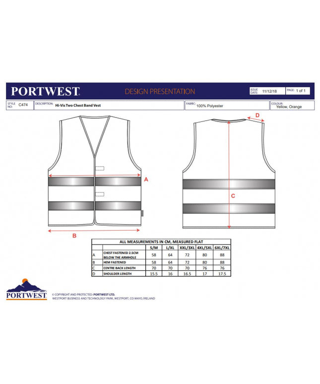 Vesta reflectorizanta Portwest Hi-Vis TWO BAND C474, 100% poliester, 124 gr/mp