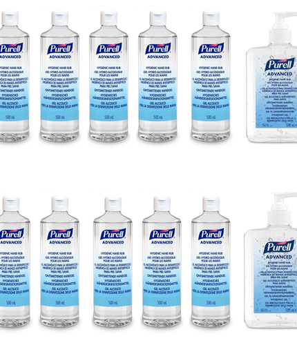 Pachet dezinfectant maini Purell Advanced 10 flacoane 500ml + 2 flacoane cu pompa 500ml